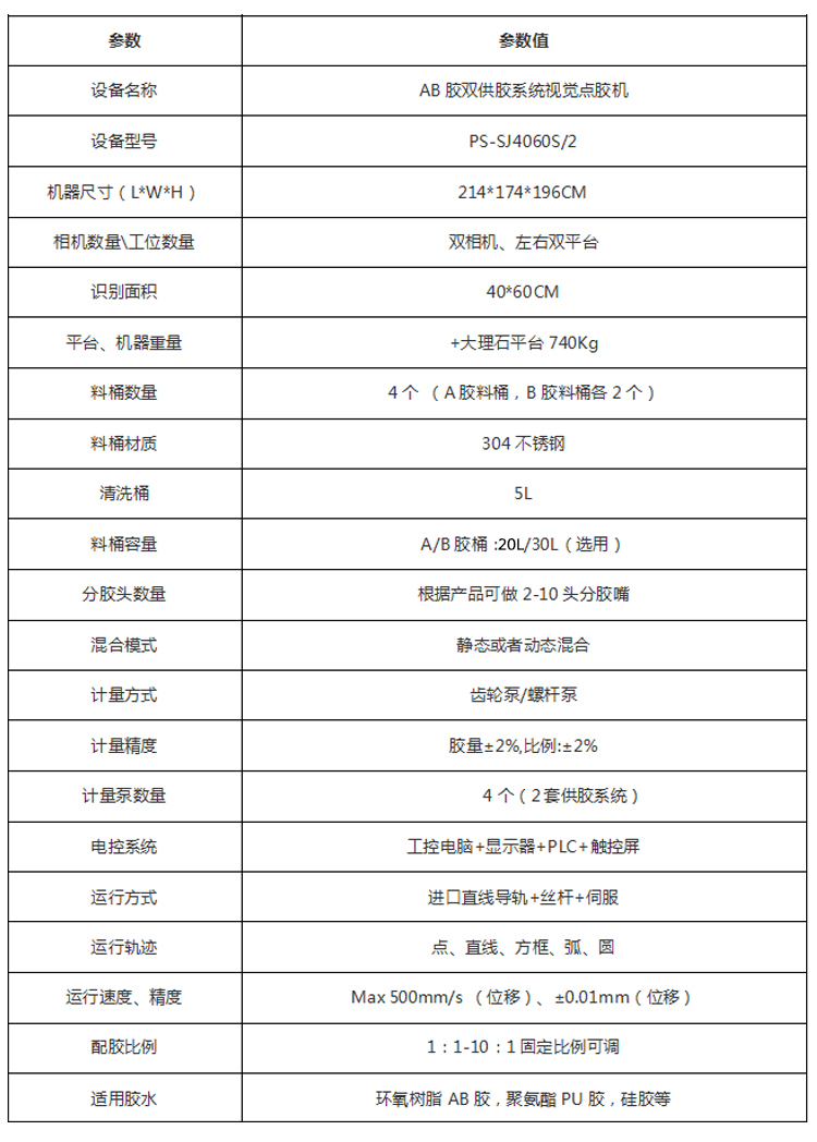PS-SJ4060S/2 AB膠雙供膠系統視覺點膠機參數